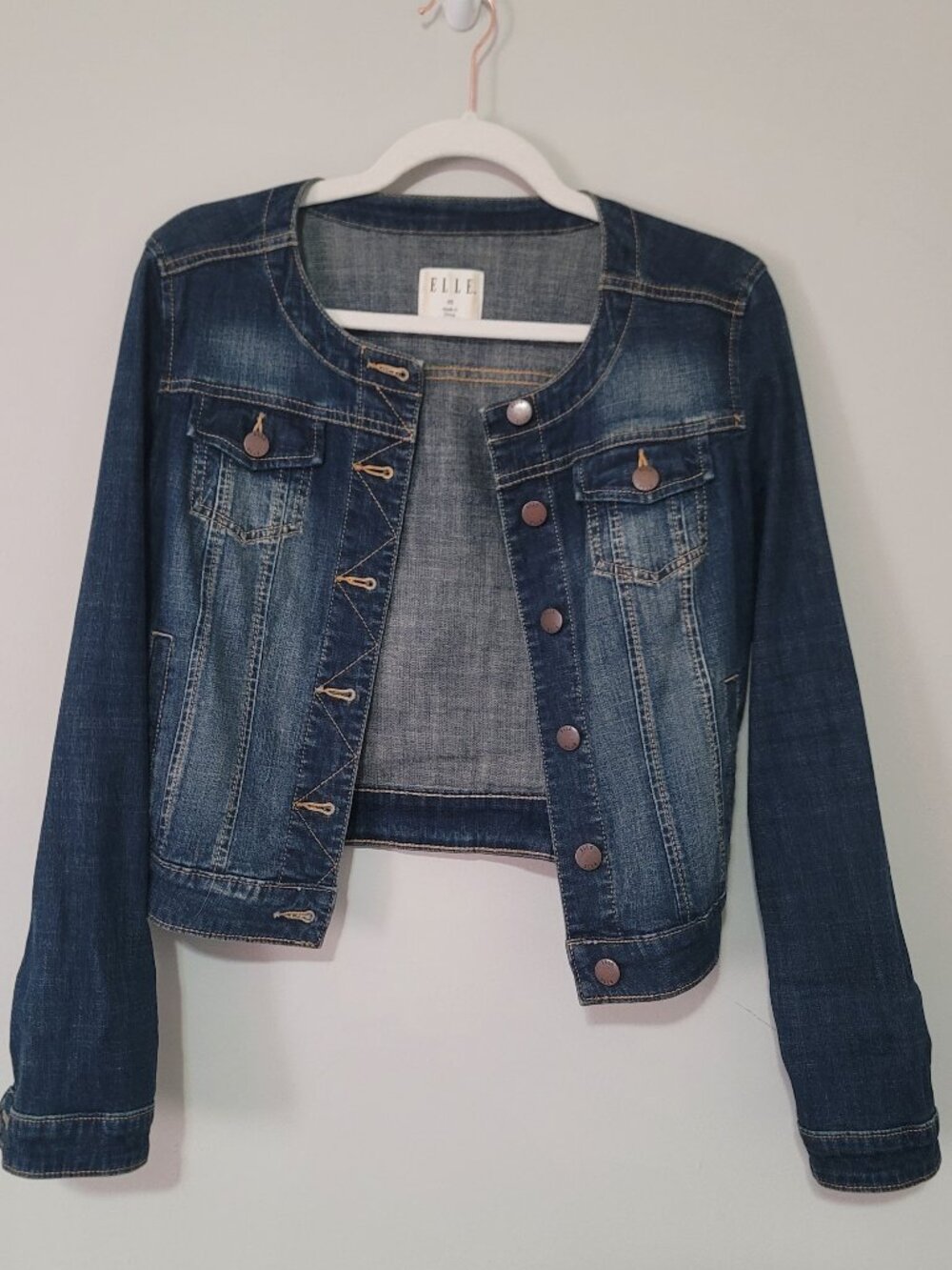 Elle US Women Size XS Dark Wash Scoop Neck Jean Denim Style Jacket with Buttons